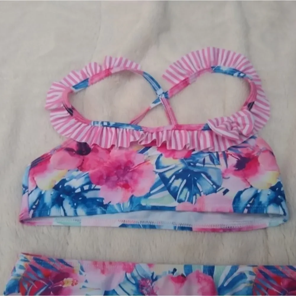 Cute girls pink white blue floral flowers x back bikini ruffles swim suit summer